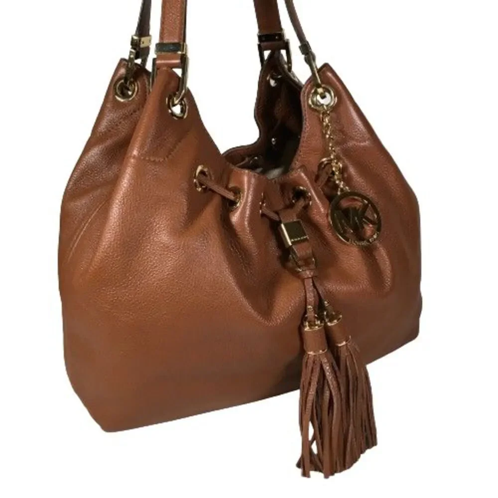 Michael Kors Luggage Brown Leather Camden Drawstring Shoulder Bag Purse Tote